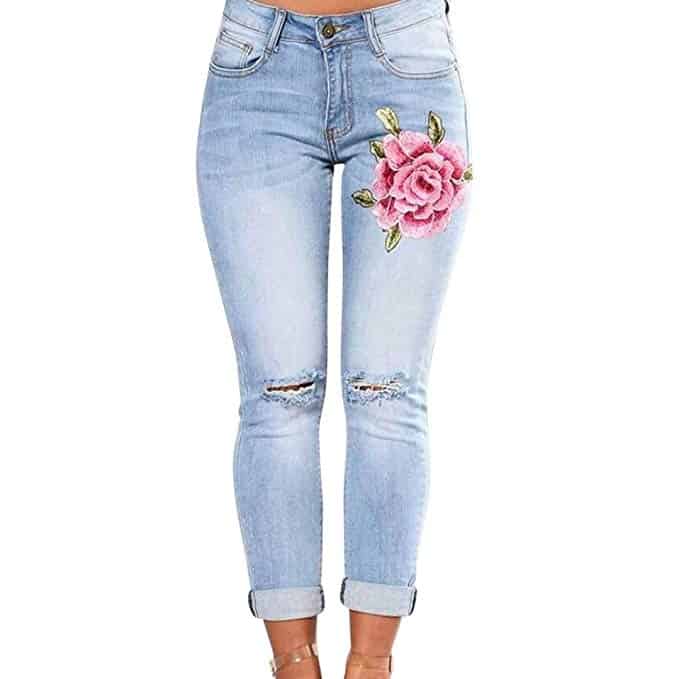 Hattfart Womens Skinny Jeans Butt Lift Hip Denim Pants Flowers Embroidered Printed Low Rise Jeans