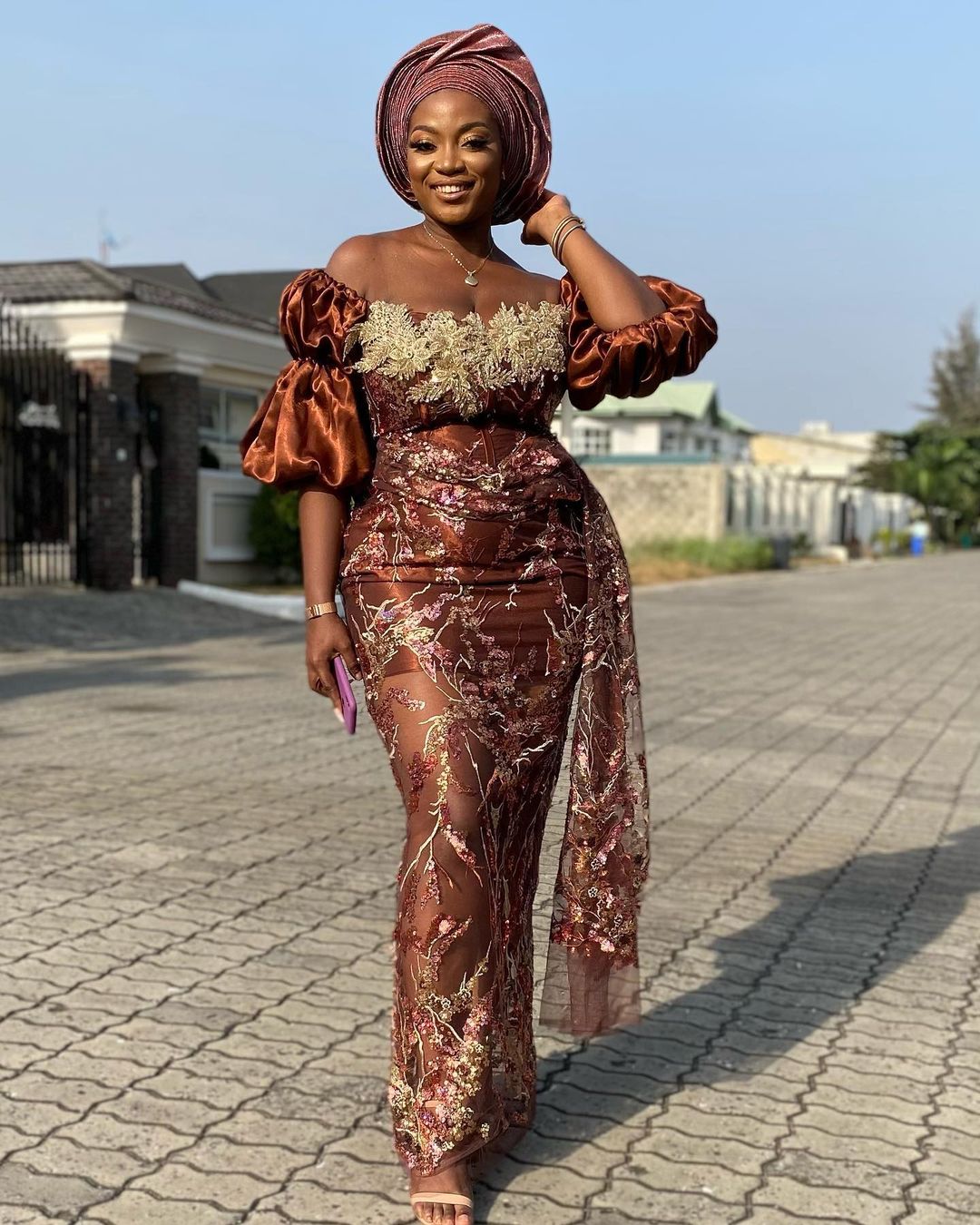 Temi On Off-Shoulder Gown With Double Puffy Sleeve