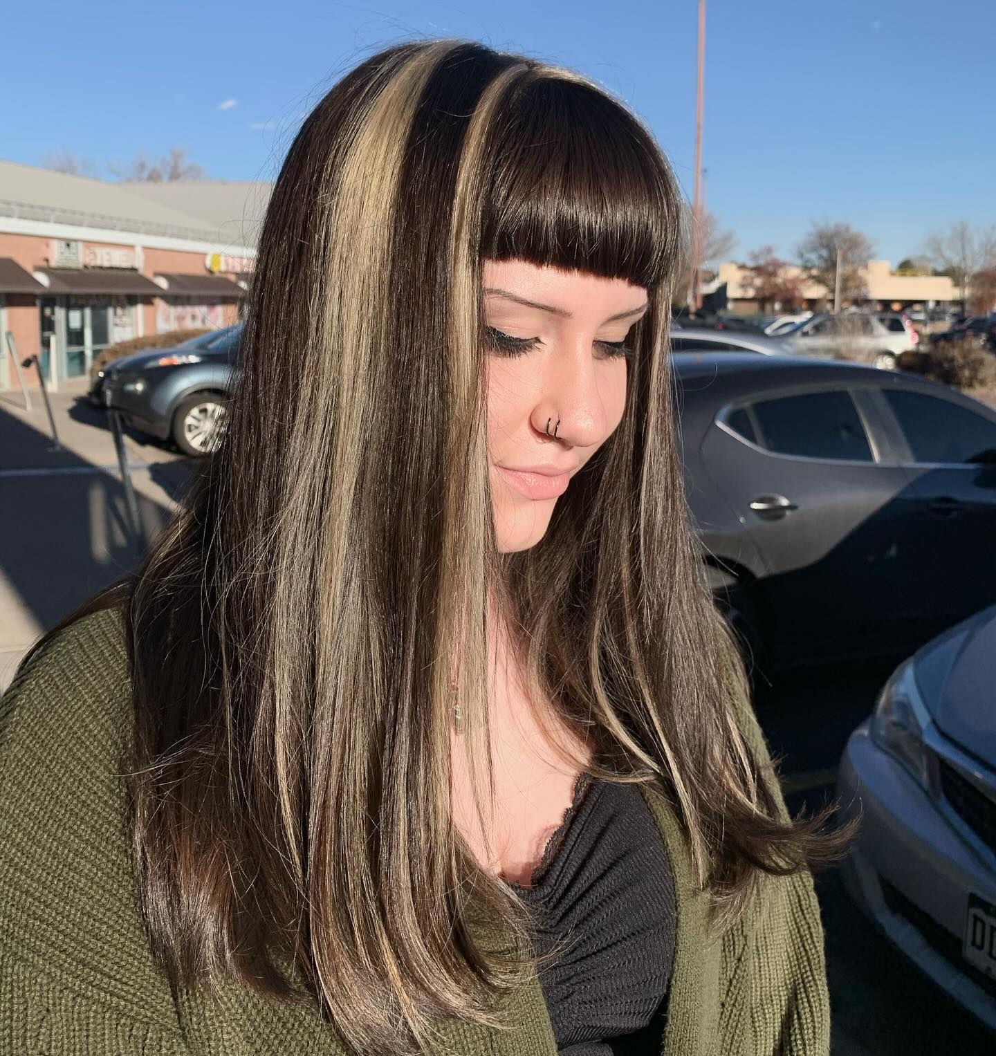 Chunky Highlights on Black Hair With Bangs