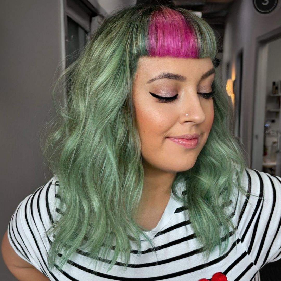 Green hair with pink sectioned micro bangs