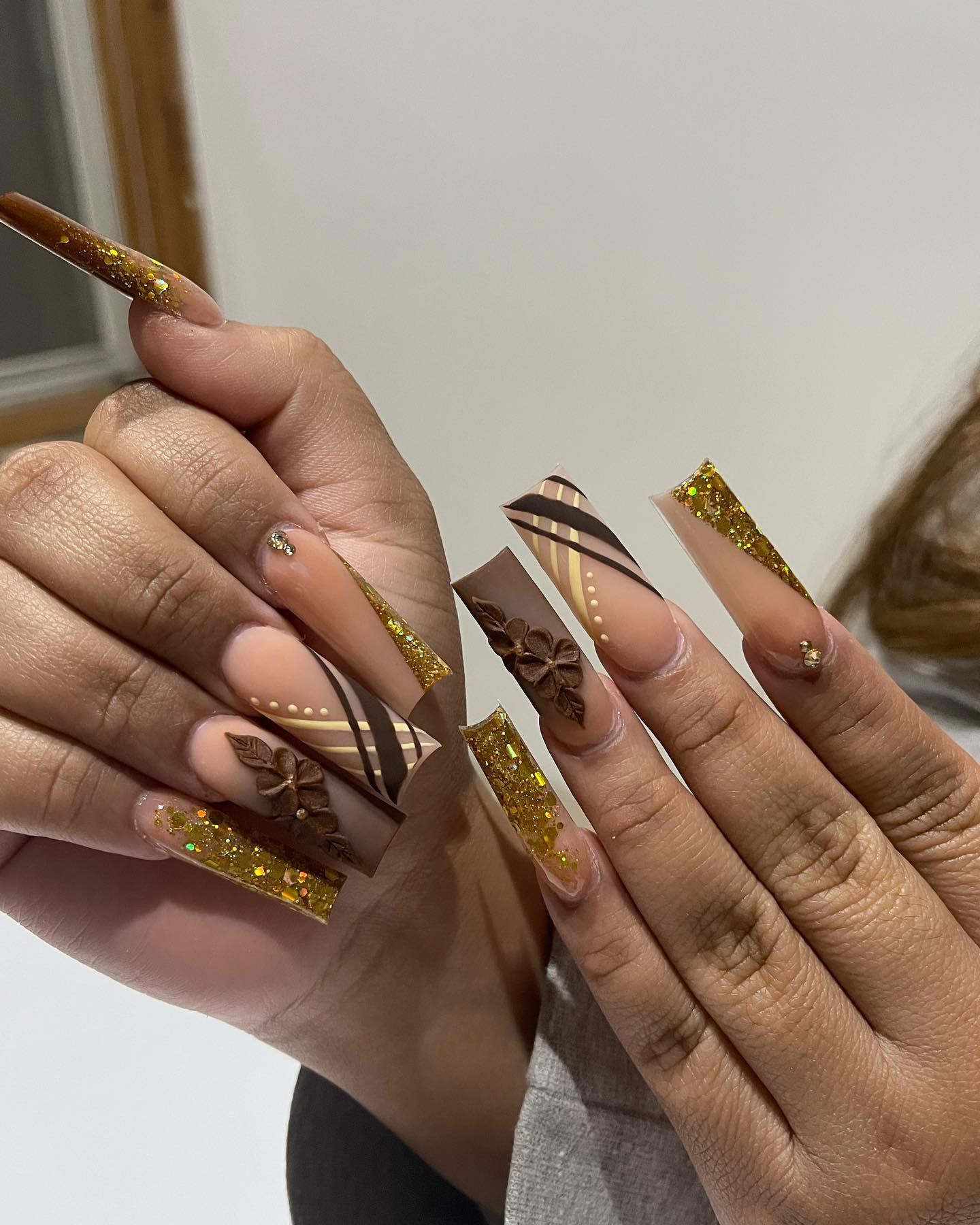 Brown and Gold Tapered Square Nails