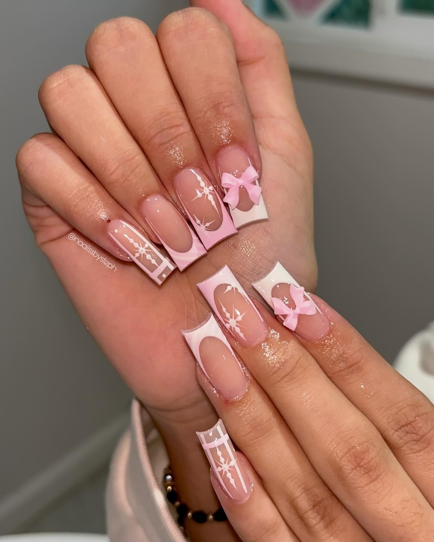 Pink Winter Nails With Bow