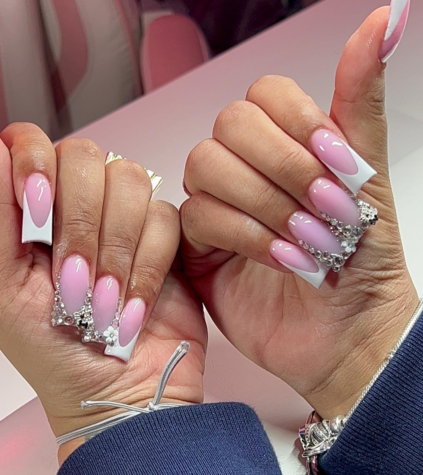 Pink and White Duckie Nails With Stones