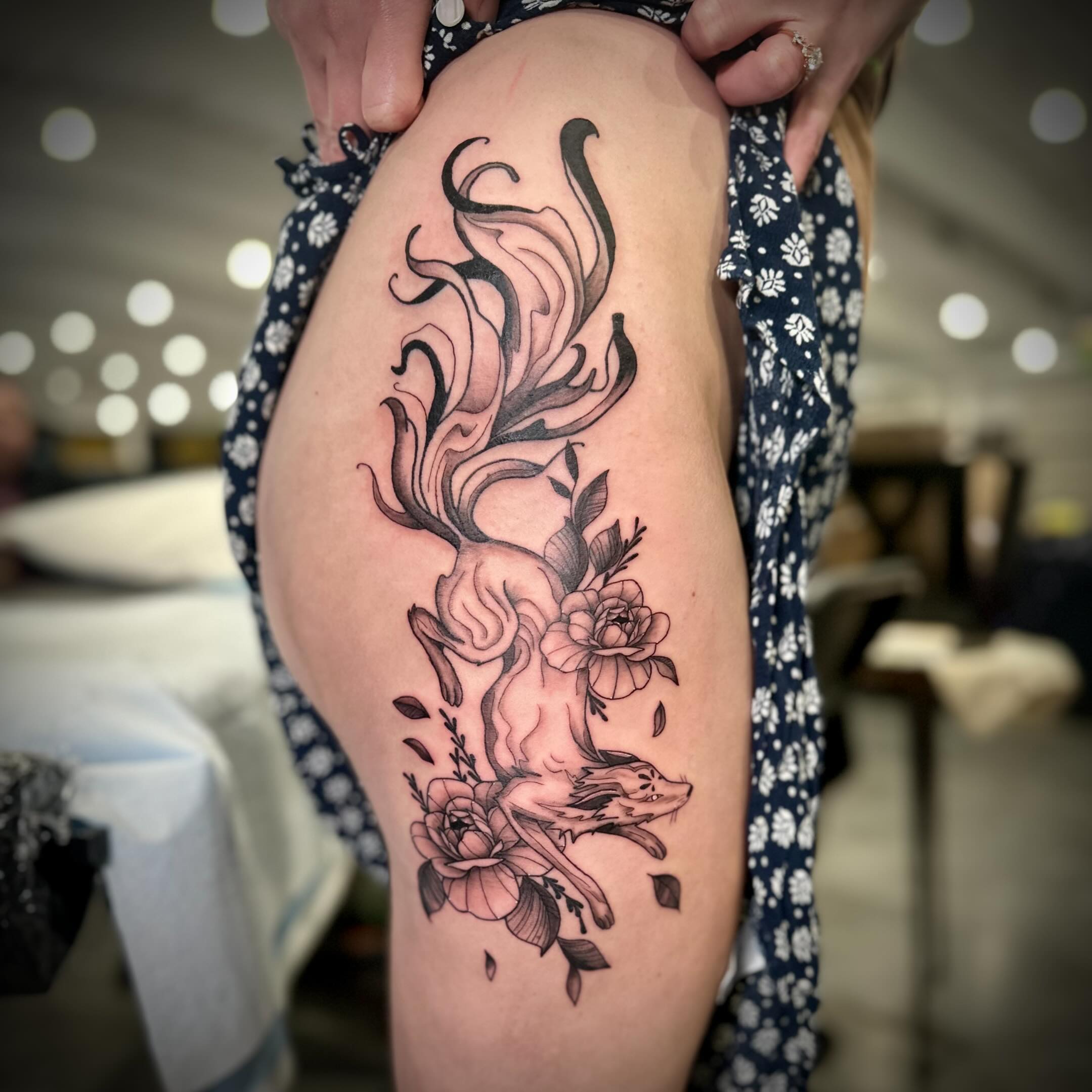 Black and Gray Fox Hip Tattoo