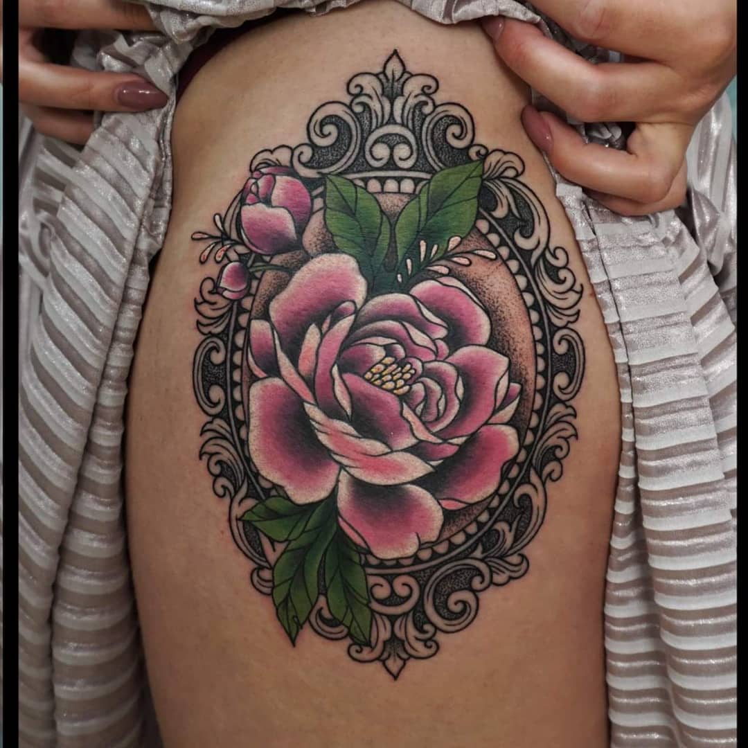 Colorful Peony Hip Tattoo Design