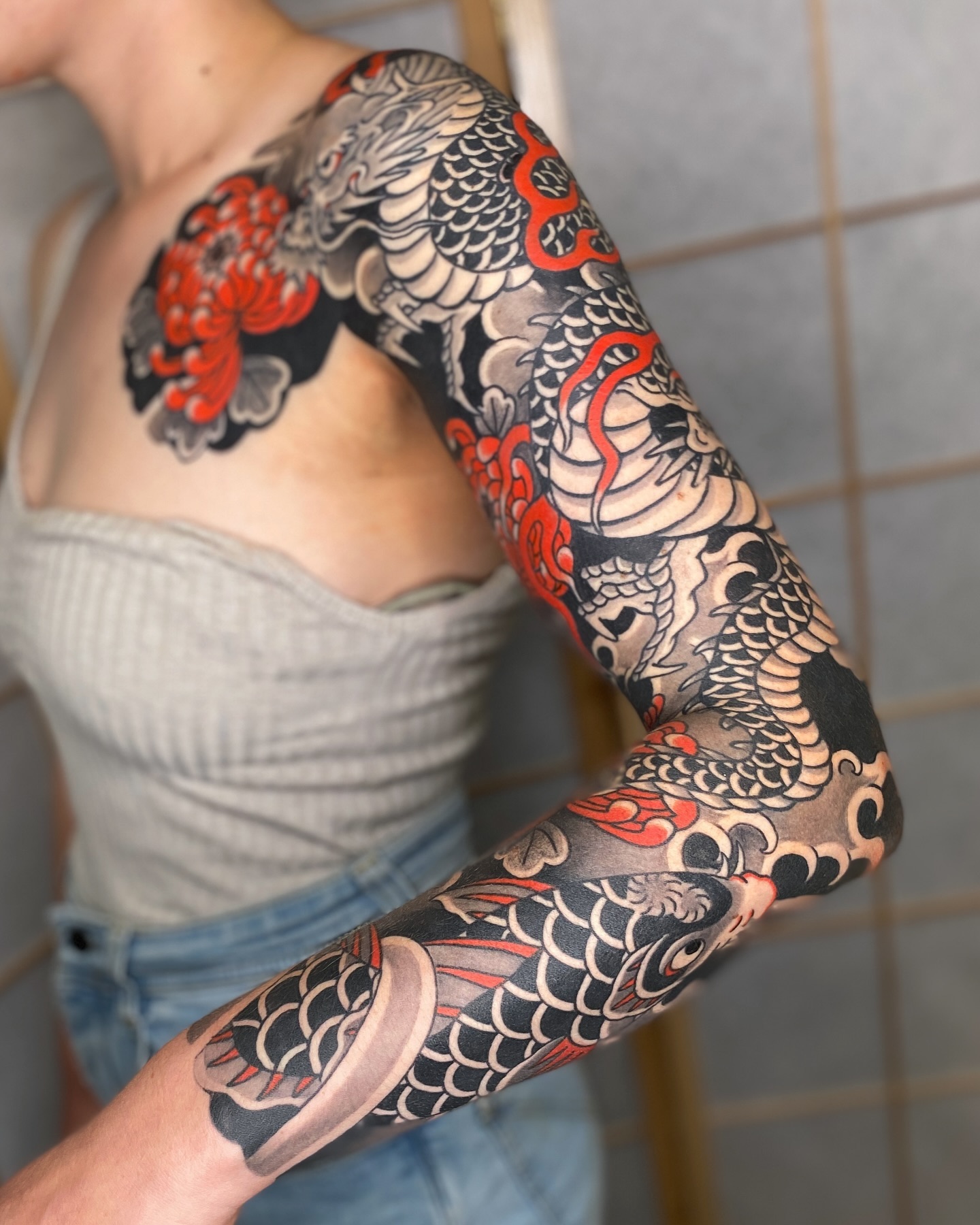 DragonKoiChrysanthemum Tattoo Design