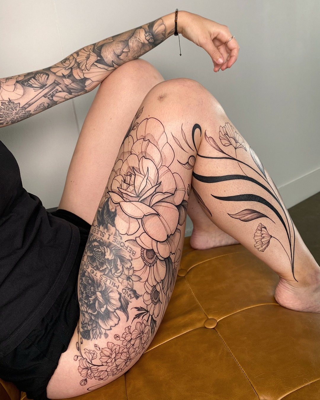 Floral Black Hip Tattoo Design