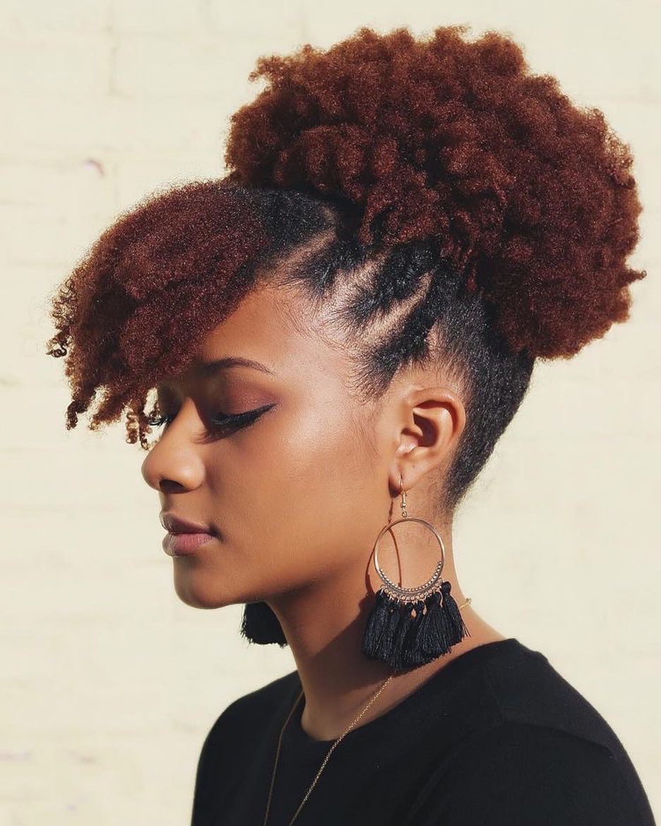 Stretched Out Afro Bun with Baby Bangs