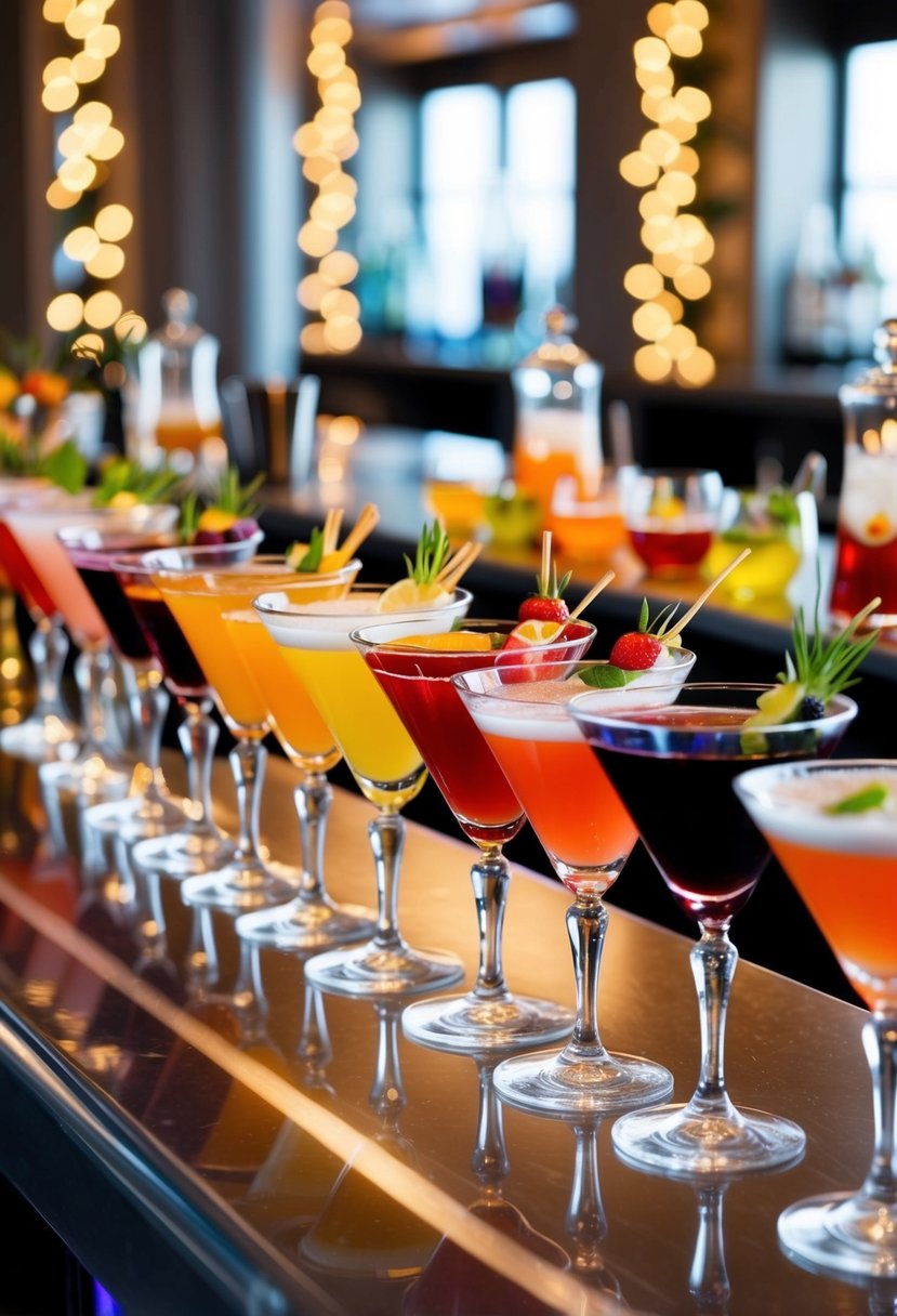 A colorful array of cocktail glasses and garnishes arranged on a sleek bar counter. A festive and elegant atmosphere with soft lighting and decorative accents
