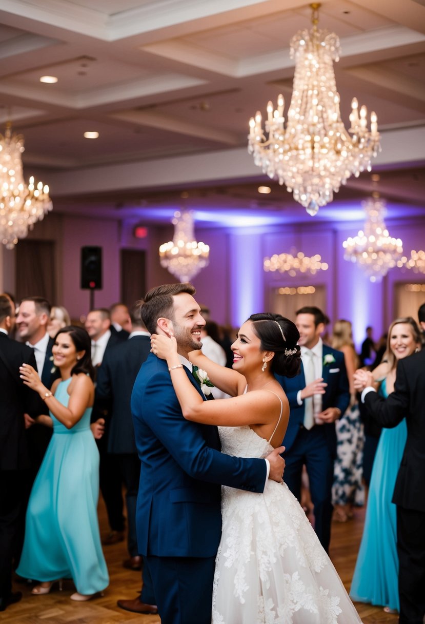 A bustling wedding reception with elegant decor, lively music, and joyful guests mingling and dancing