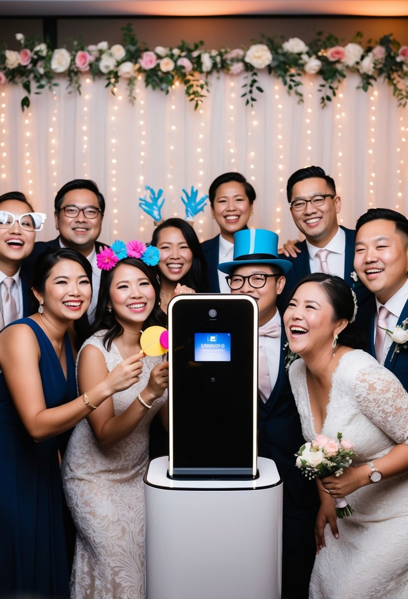 A sleek, modern photo booth surrounded by colorful props and a backdrop of twinkling lights and floral arrangements. Guests laugh and pose, capturing memories from the wedding reception