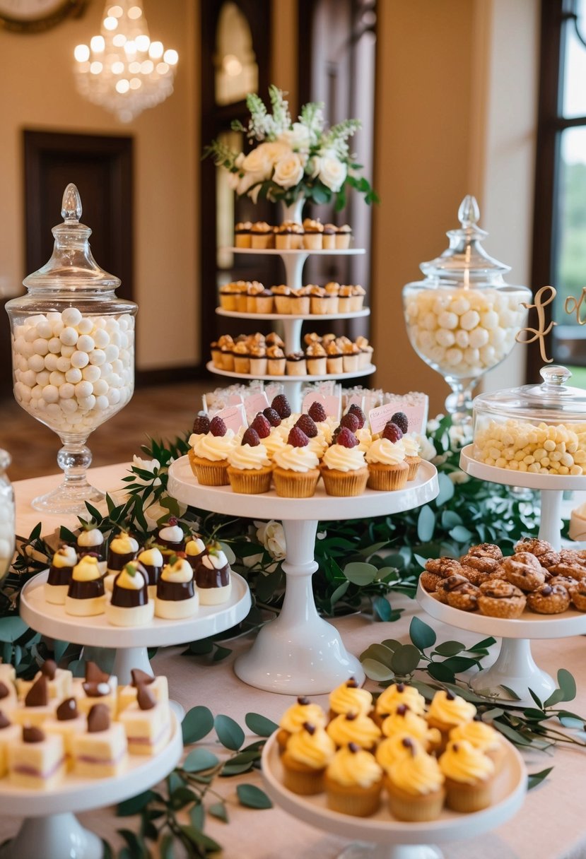 A beautifully decorated dessert station with an array of themed sweet treats and elegant displays for a wedding reception
