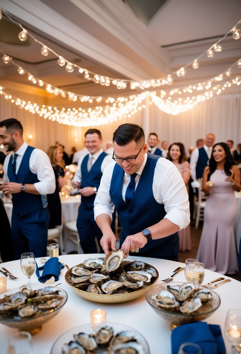 Oyster shuckers moving through elegant wedding reception, surrounded by twinkling lights and joyful guests