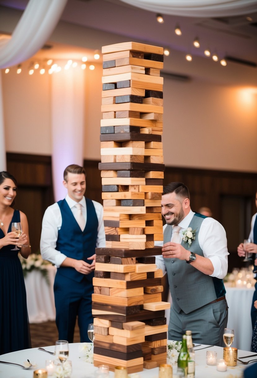 A group plays giant Jenga at a wedding reception, with the tower reaching impressive heights before it tumbles down