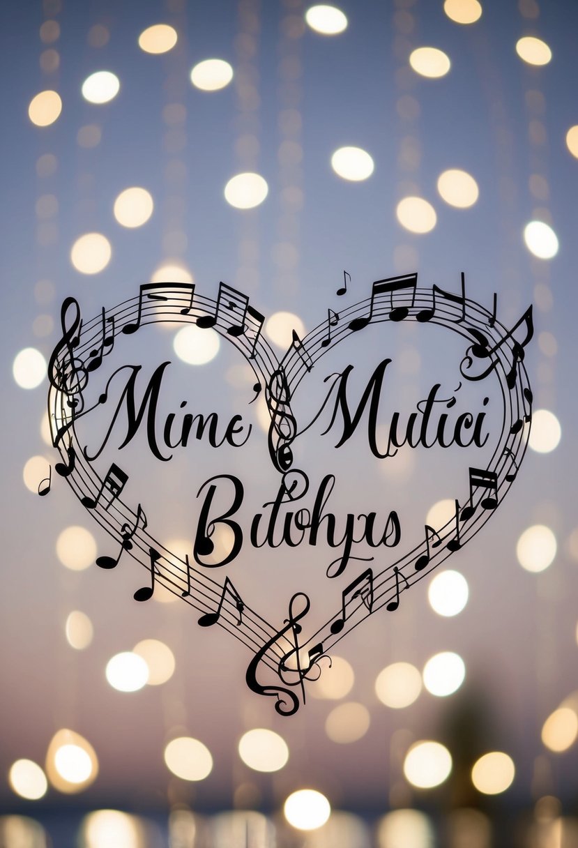 A couple's names intertwined with musical notes, surrounded by romantic decorations and twinkling lights