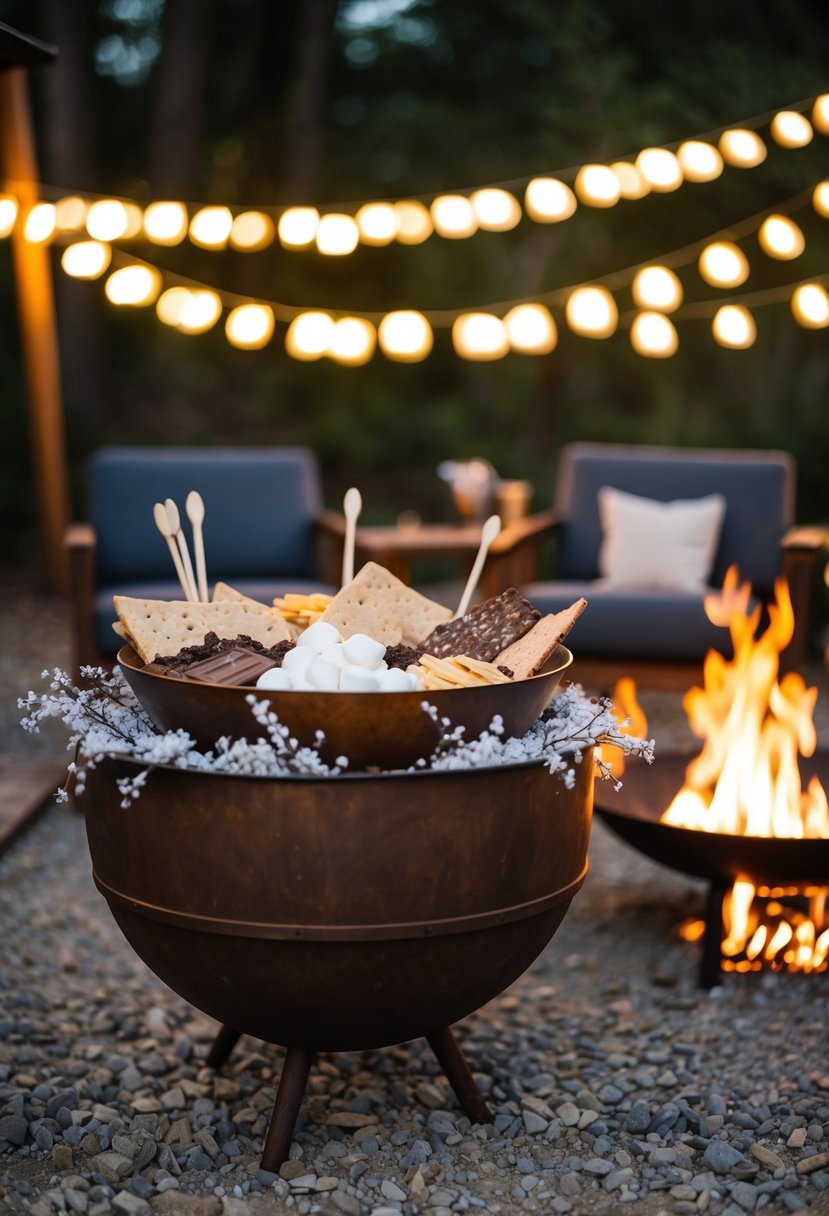 A rustic s'mores bar set up with a variety of toppings and a warm fire pit surrounded by