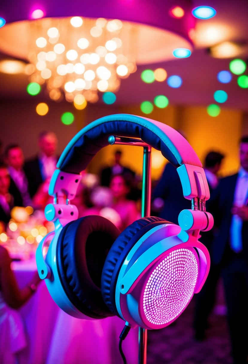 Silent disco headphones glow under colorful lights at a lively wedding reception
