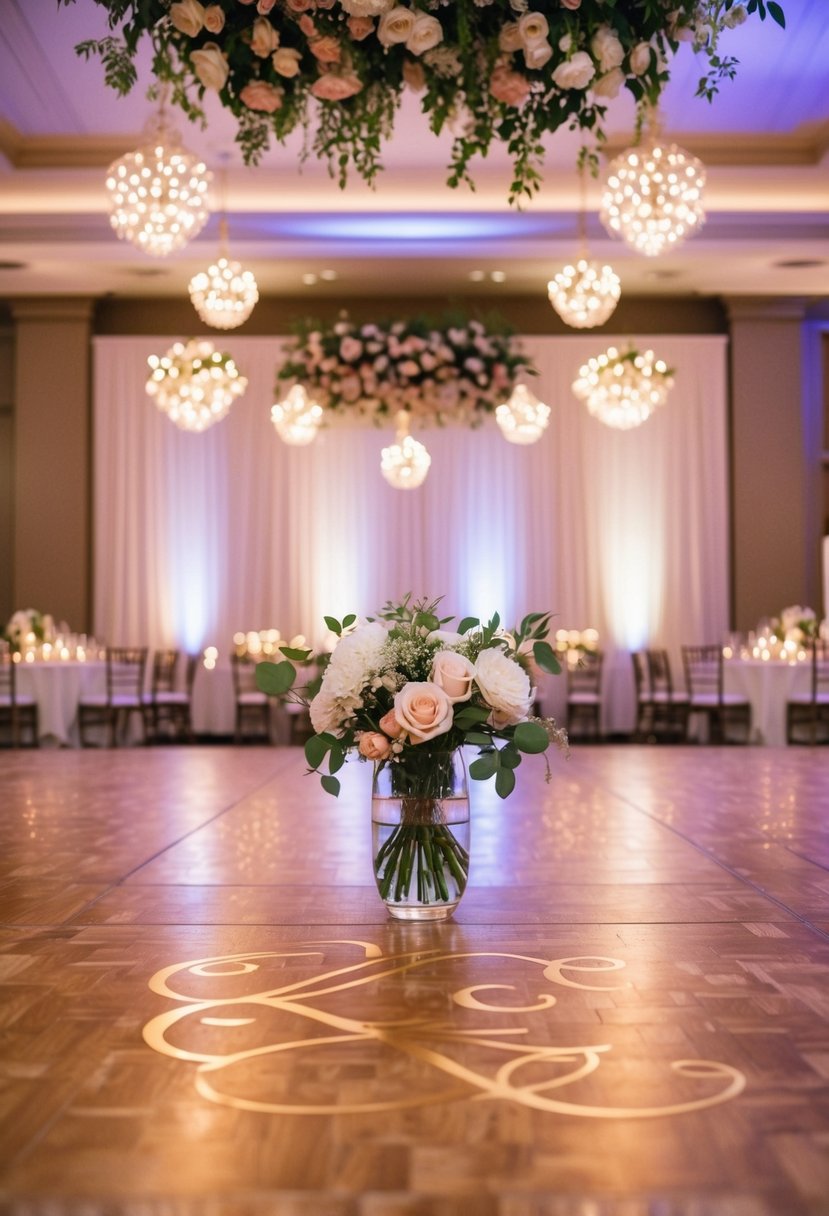 A monogrammed dance floor with elegant lighting and floral decor