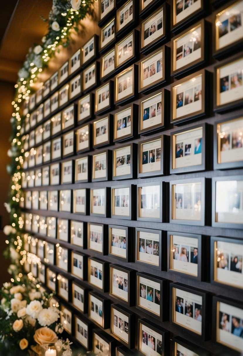 A wall covered in rows of photo guestbooks, surrounded by twinkling lights and floral arrangements