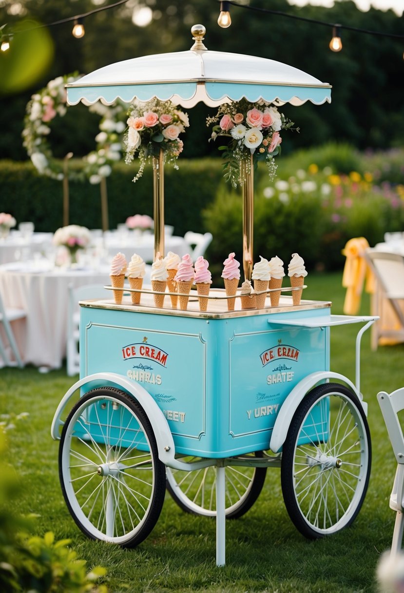 A vintage ice cream cart sits amidst a garden, adorned with flowers, serving sweet treats at a wedding reception