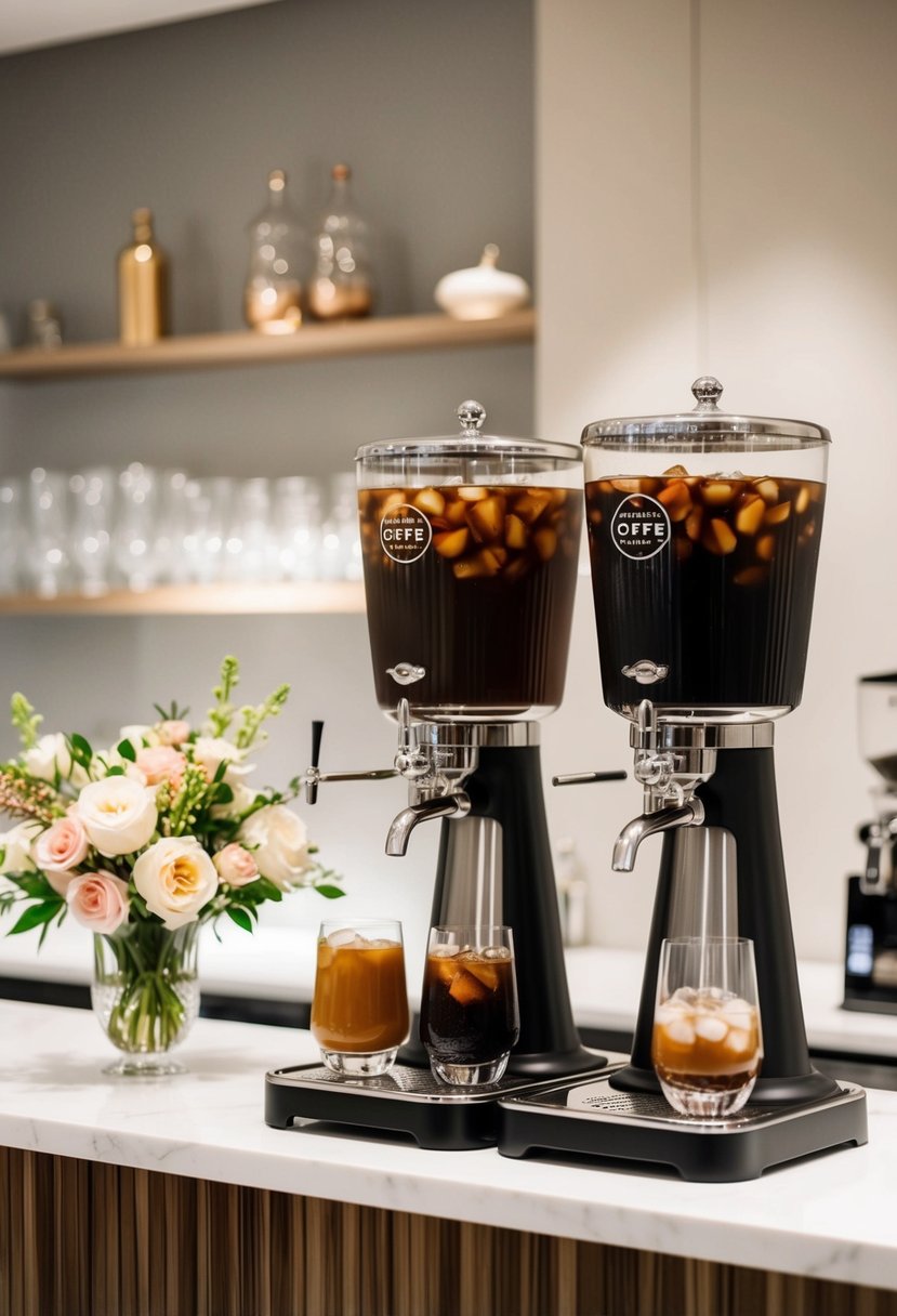 A sleek coffee bar with iced coffee dispensers, elegant glassware, and floral accents