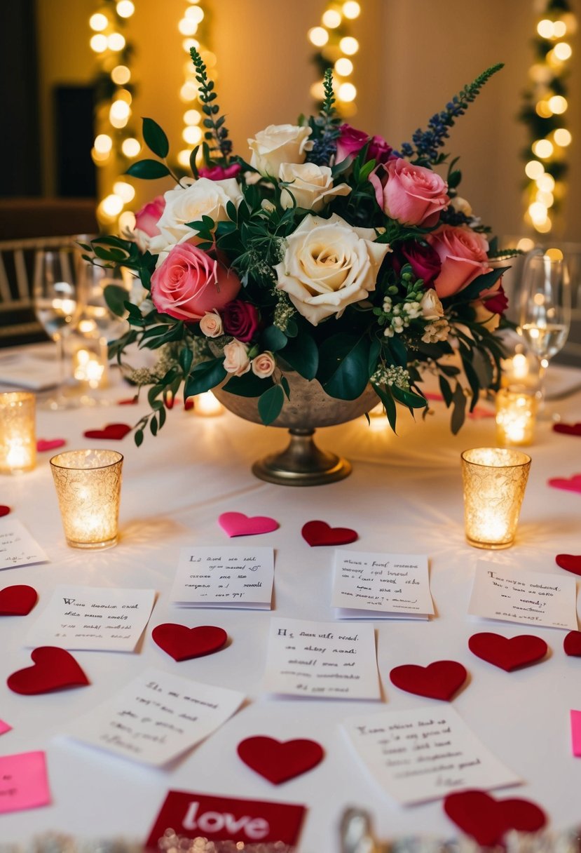A table adorned with love notes, surrounded by twinkling lights and floral arrangements, creating a romantic and intimate atmosphere