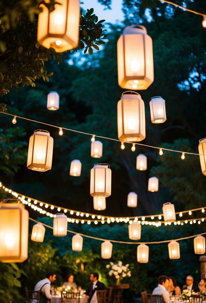 Lanterns float above a lush garden, illuminating a romantic wedding reception