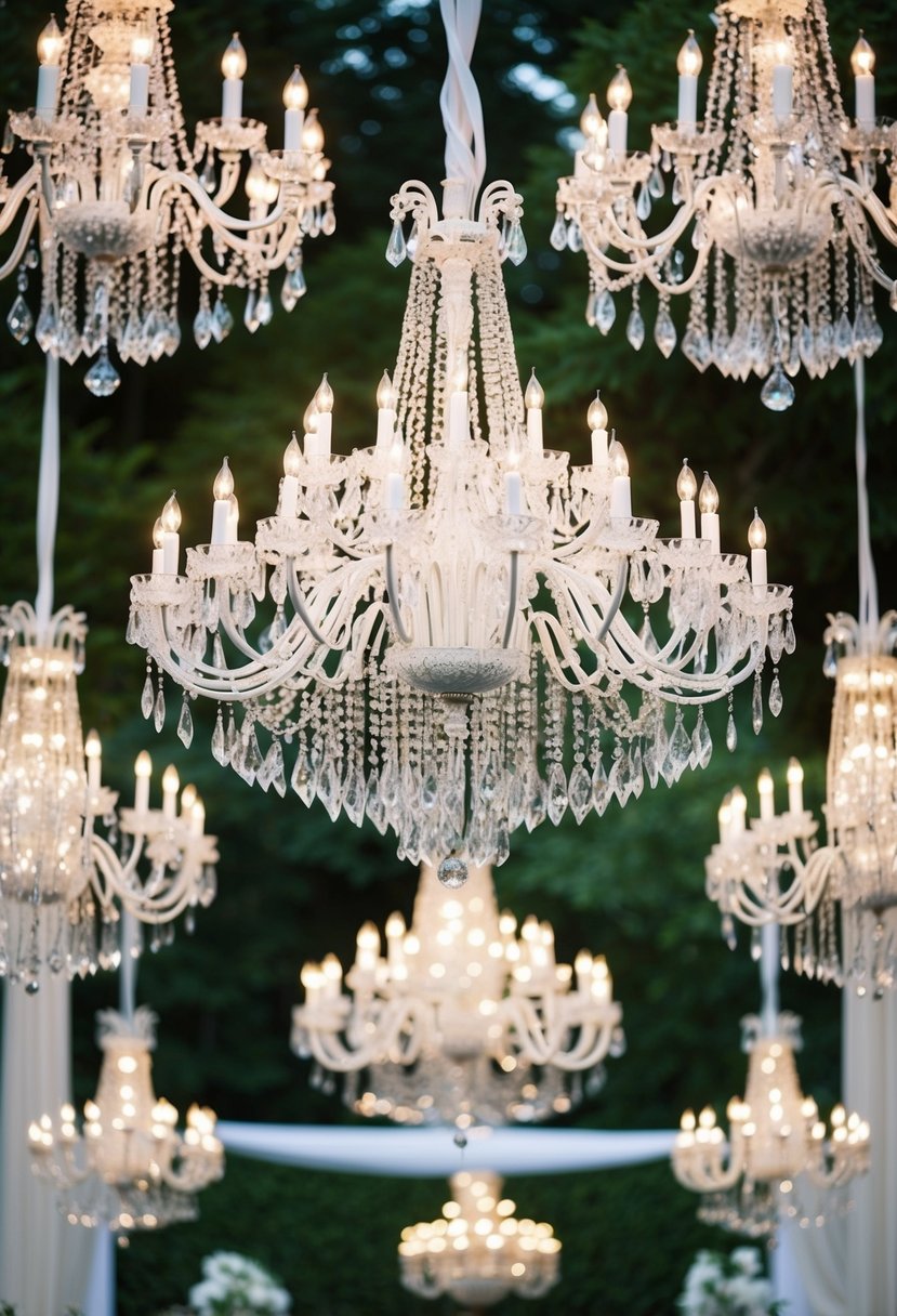 A grand garden adorned with crystal chandeliers, creating an ethereal ambiance for a wedding