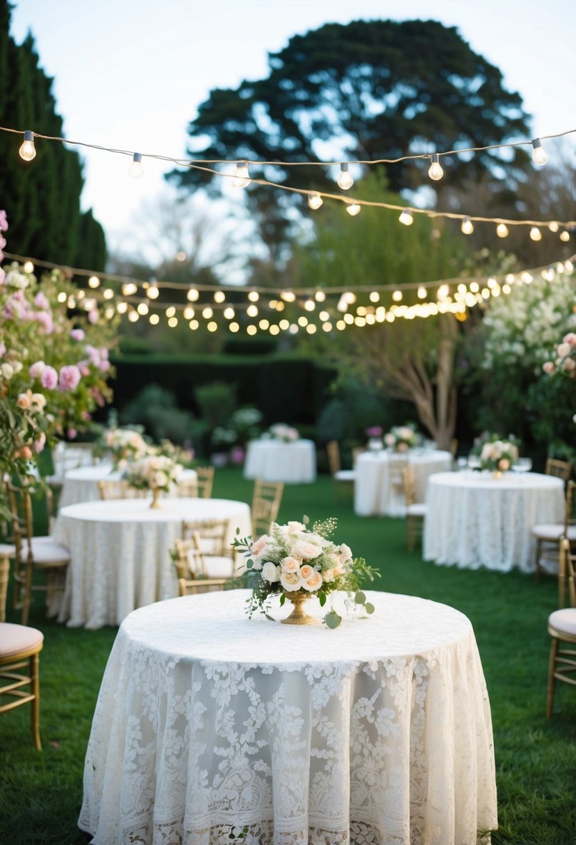 Ethereal garden wedding with vintage lace tablecloths, surrounded by blooming flowers and twinkling lights