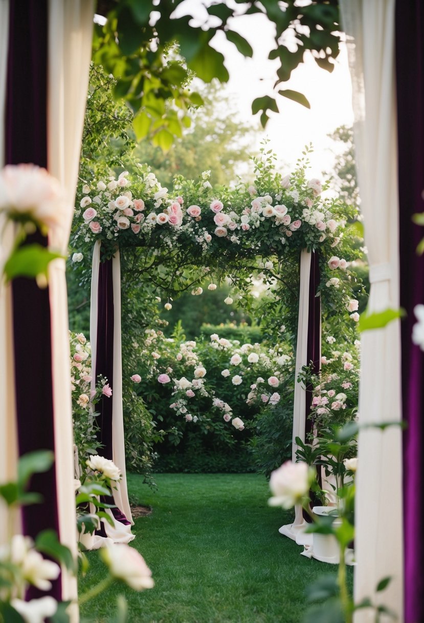 A lush garden with blooming flowers, draped in velvet ribbons, creating an ethereal and romantic atmosphere for a wedding