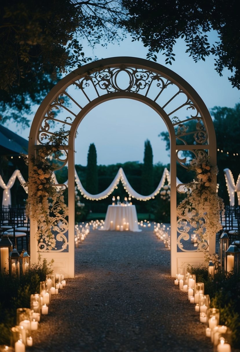 A moon gate arch stands in an otherworldly garden, surrounded by ethereal wedding decor and twinkling lights