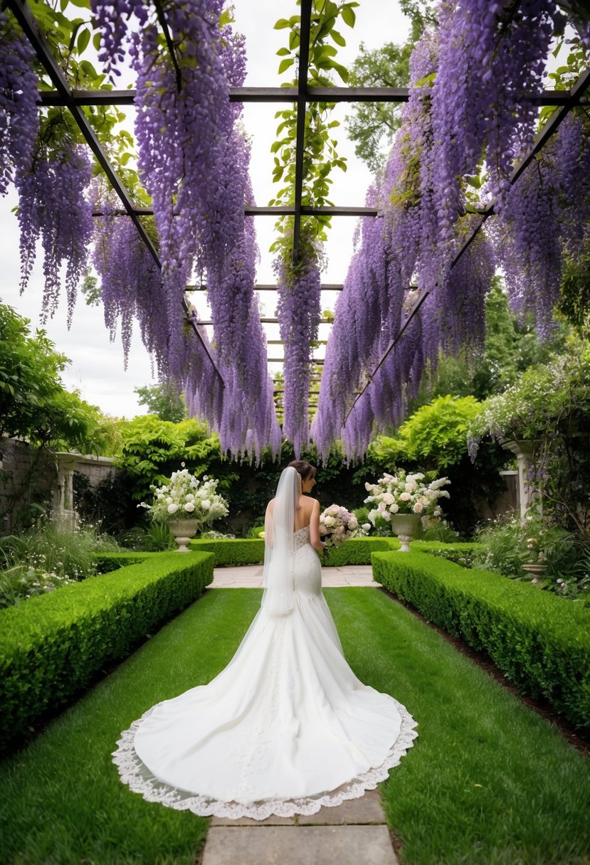 A lush garden with a canopy of wisteria, creating a dreamy and ethereal atmosphere for a wedding