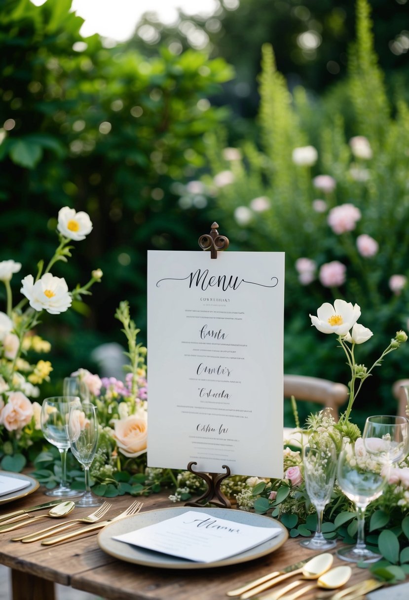 A lush garden setting with elegant calligraphy menus displayed on a rustic wooden table, surrounded by delicate flowers and greenery