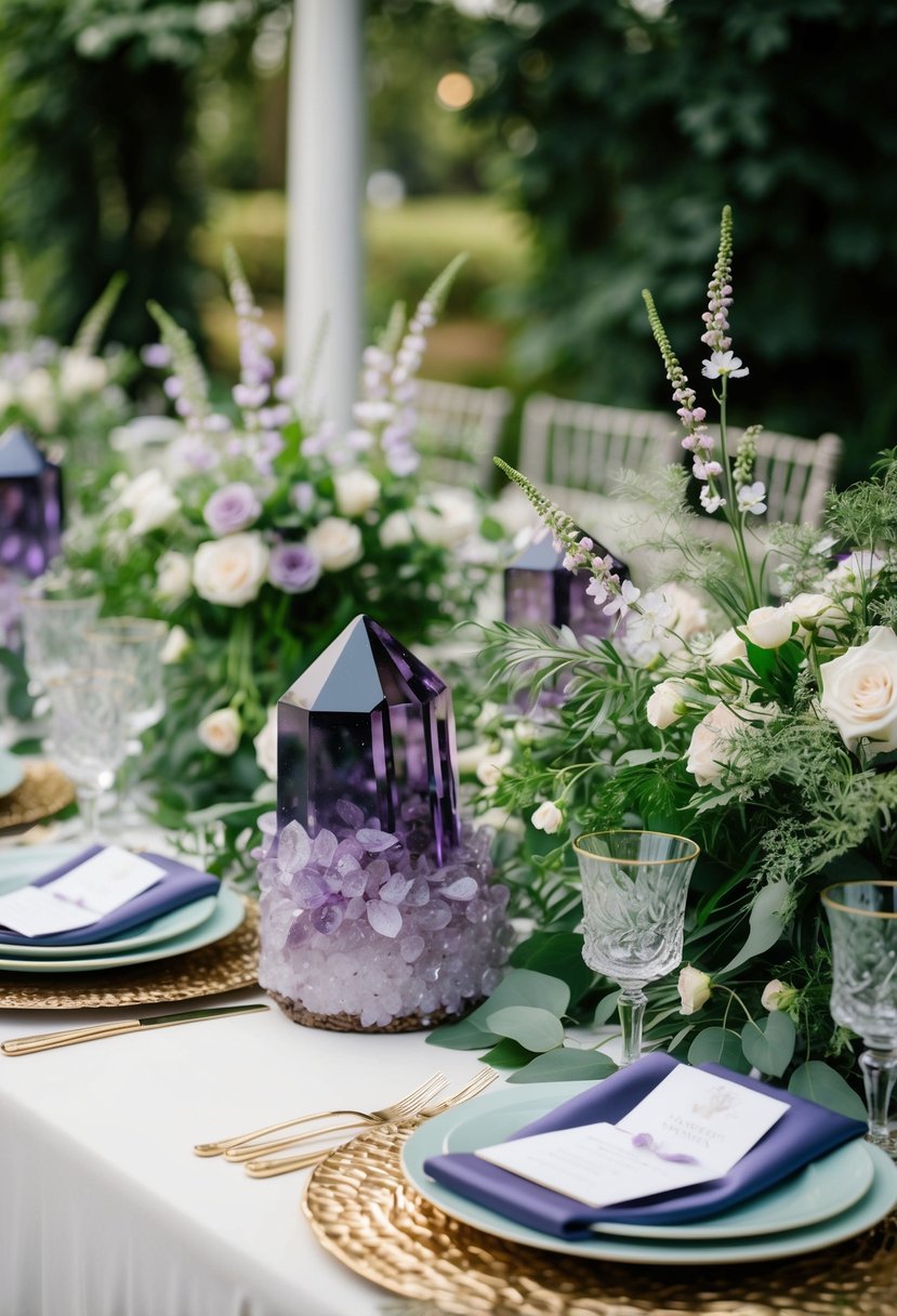 Amethyst crystal centerpieces adorn an ethereal garden wedding, surrounded by lush greenery and delicate flowers