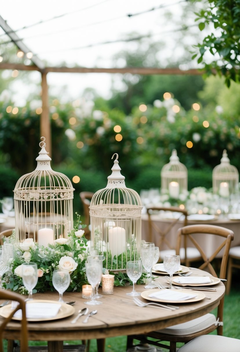 Ethereal garden wedding with antique birdcages as centerpieces