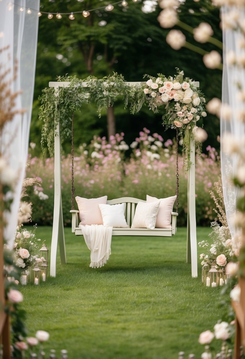 A garden swing set surrounded by ethereal wedding decor and flowers
