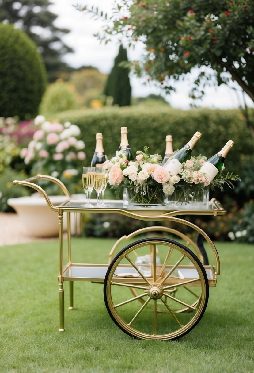 A champagne cart adorned with flowers in a lush garden setting