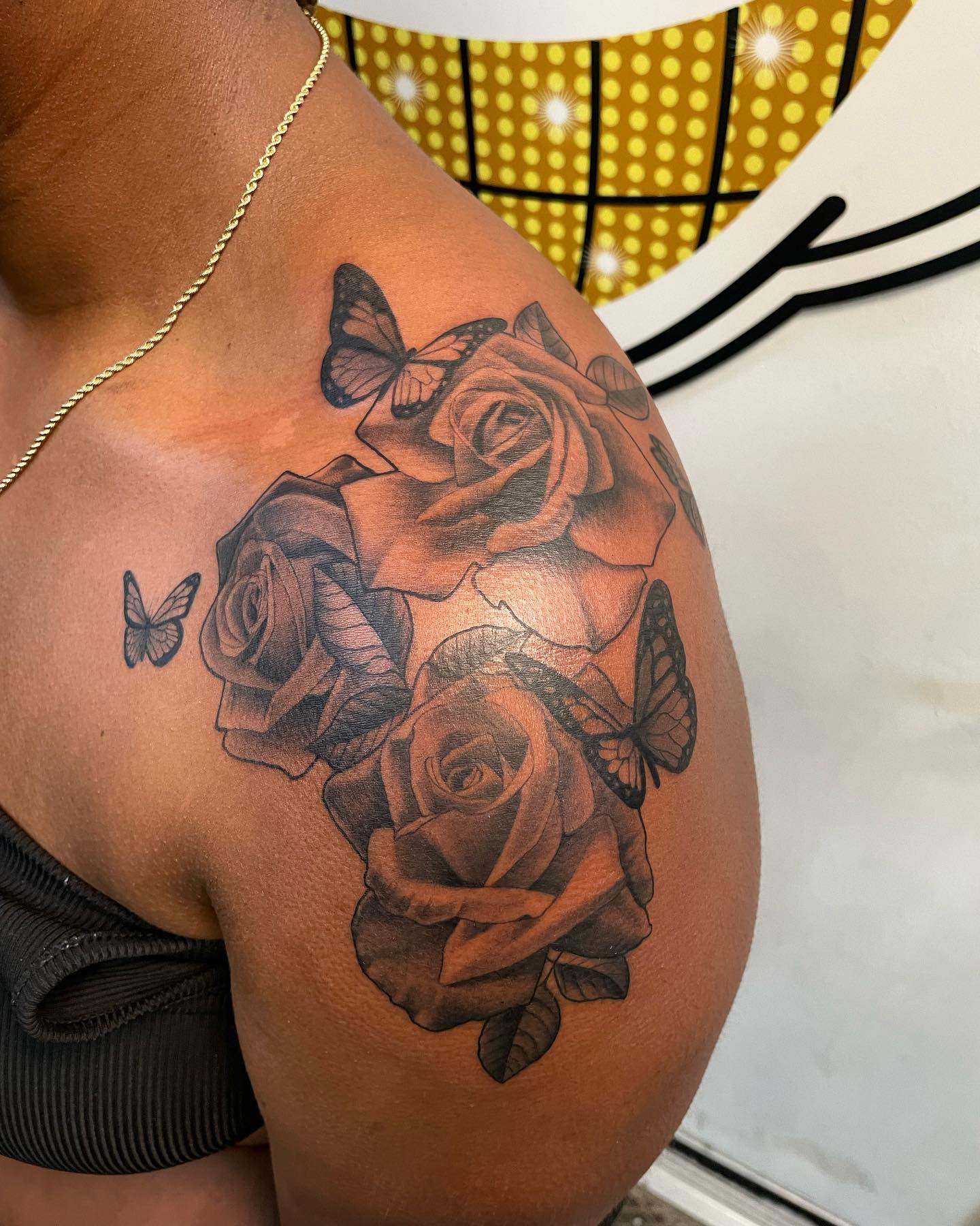 Classic Rose And Butterfly Tattoo