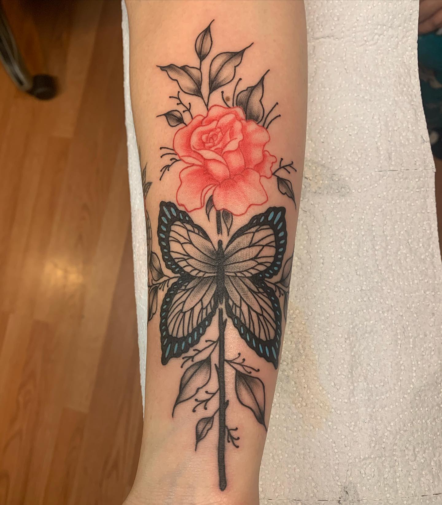 Forearm Rose And Butterfly Tattoo