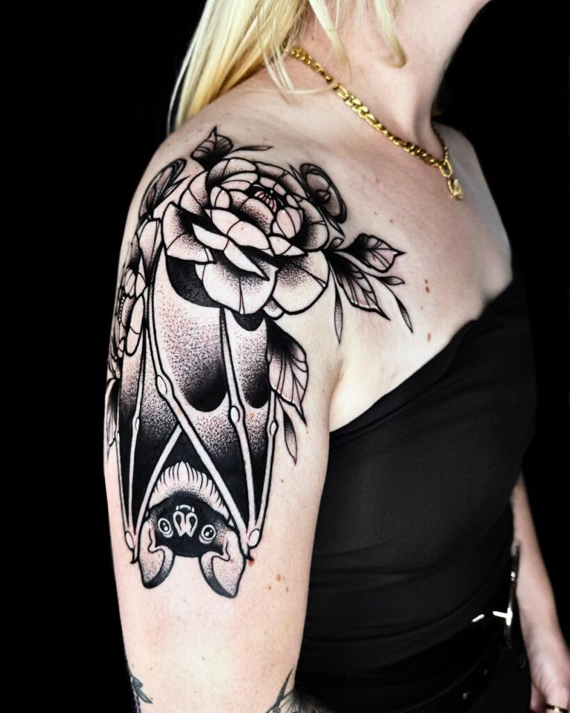 Bat Floral Shoulder Tattoo