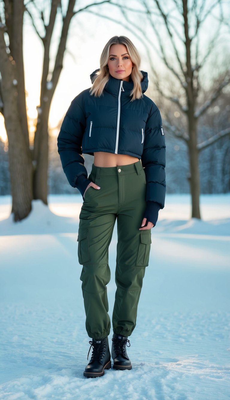 Cropped Puffer Jacket with Cargo Pants