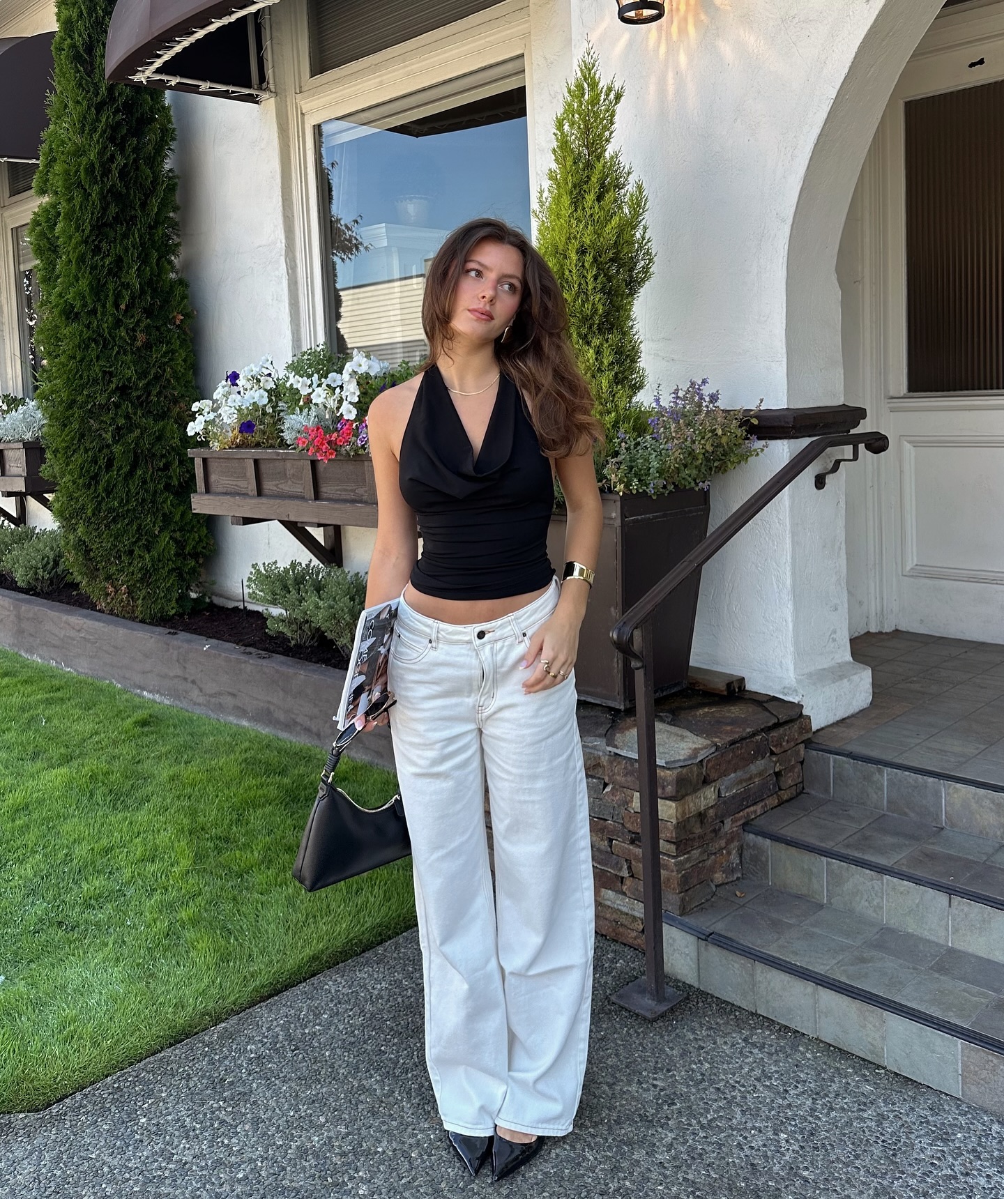 White Jeans With Black Cowl Neck Top