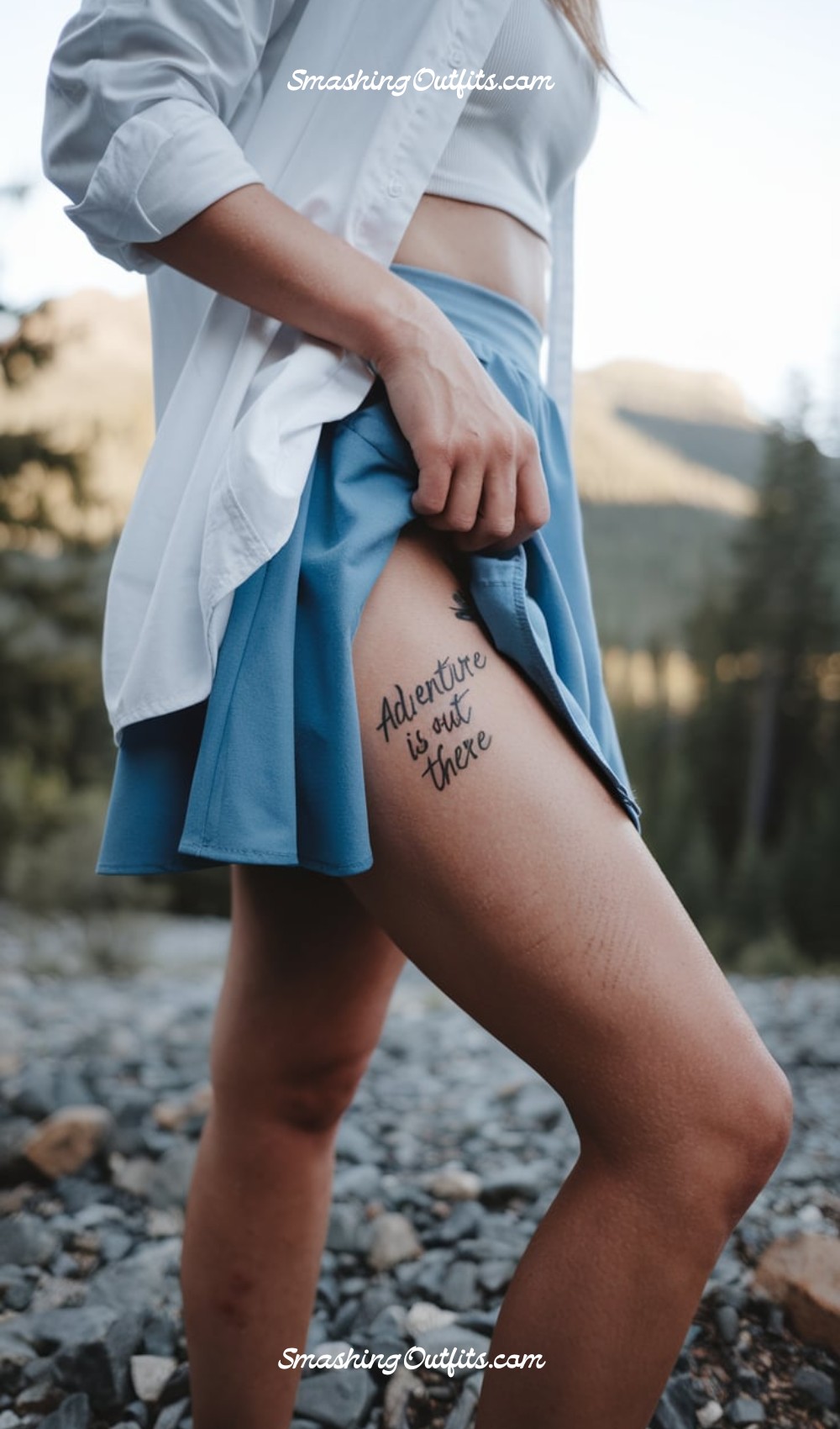 Adventure Thigh Script Tattoo