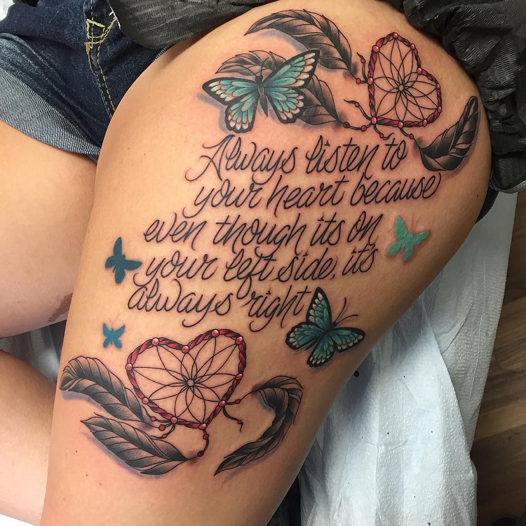Floral Vine and Butterfly Script Tattoo