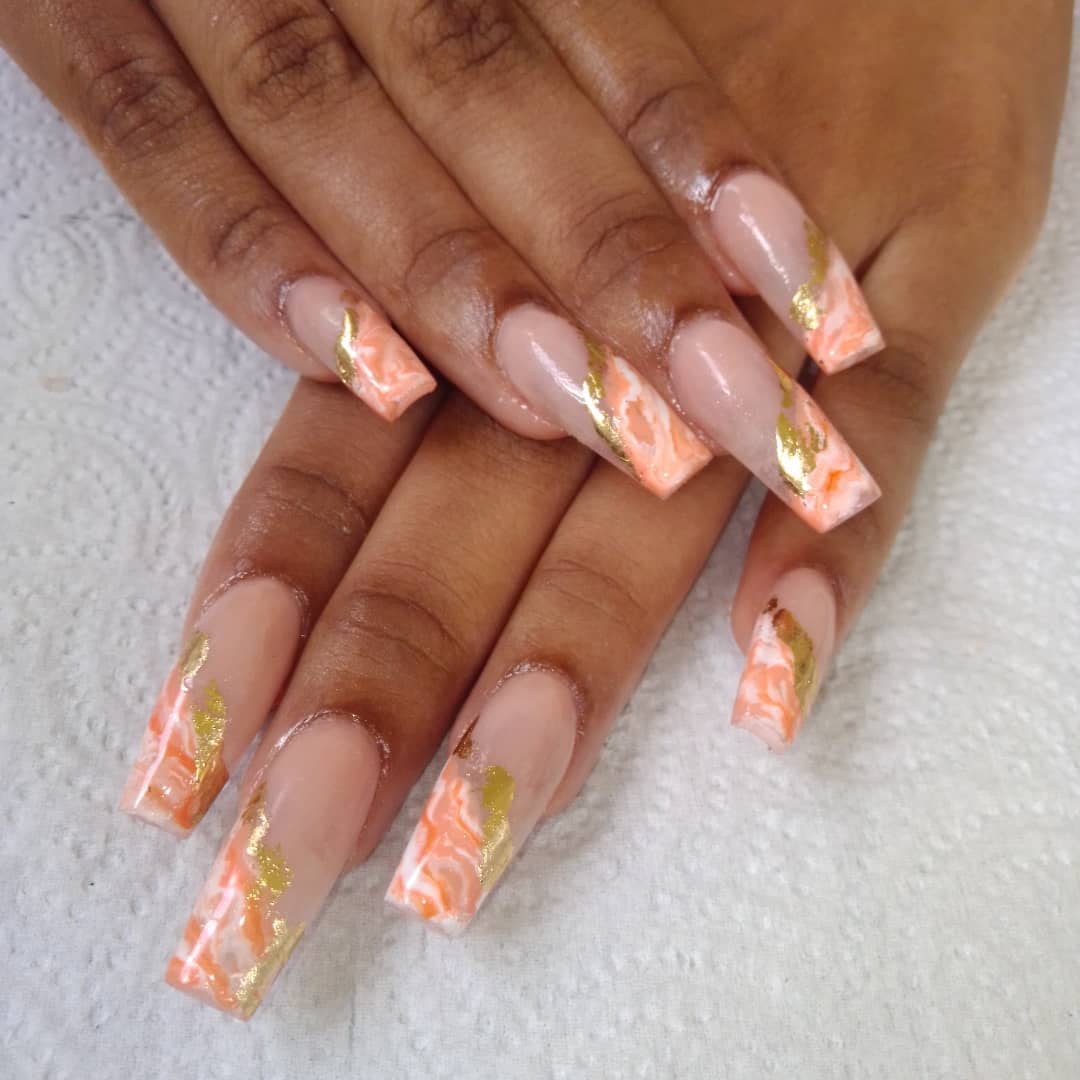Peach and Gold Accent Nails