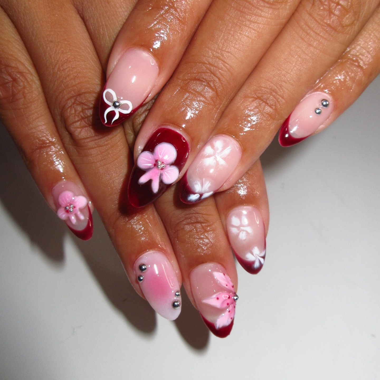 Cherry Red with Tiny White Daisies