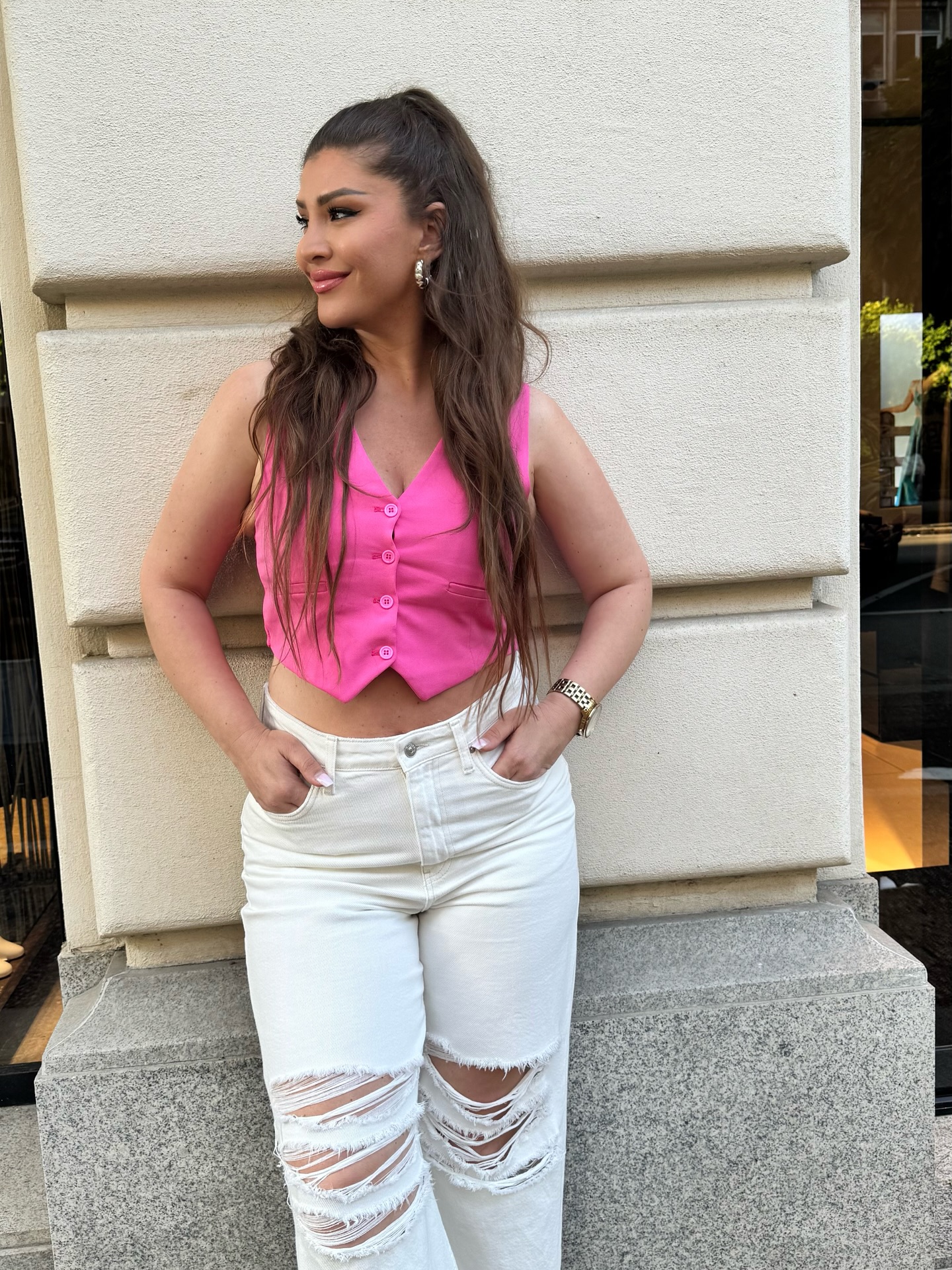 Pink Crop Top With Ripped Jeans