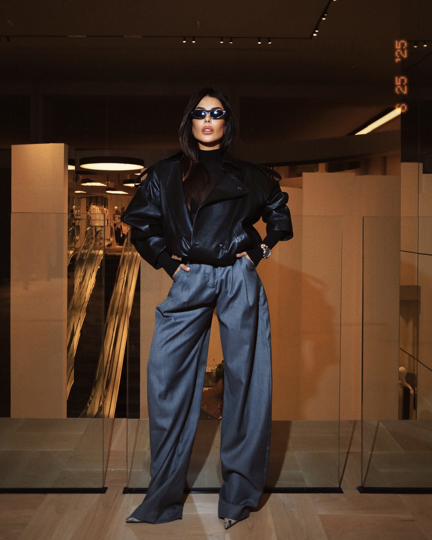 Tailored leather jacket with tailored maxi pants