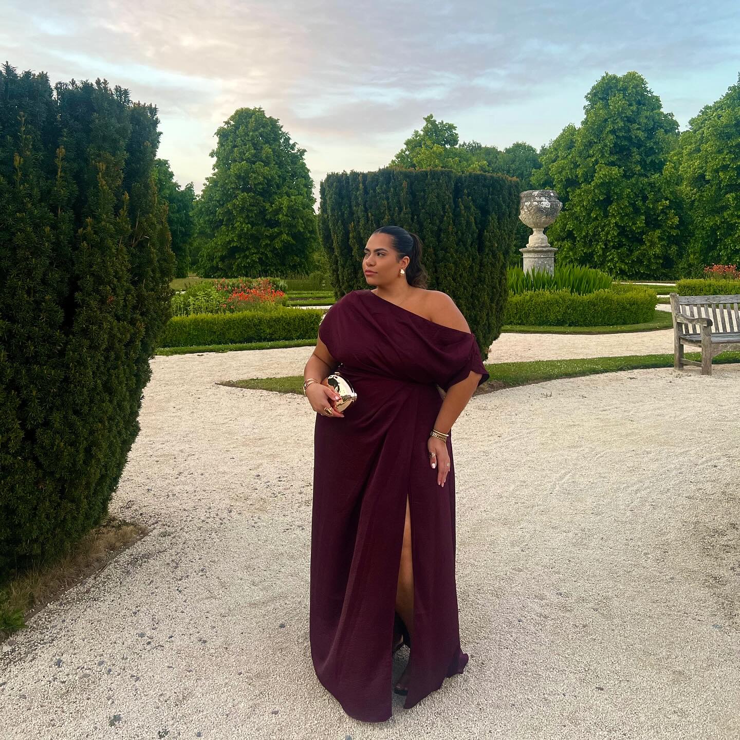 Off-the-shoulder dress with a high slit