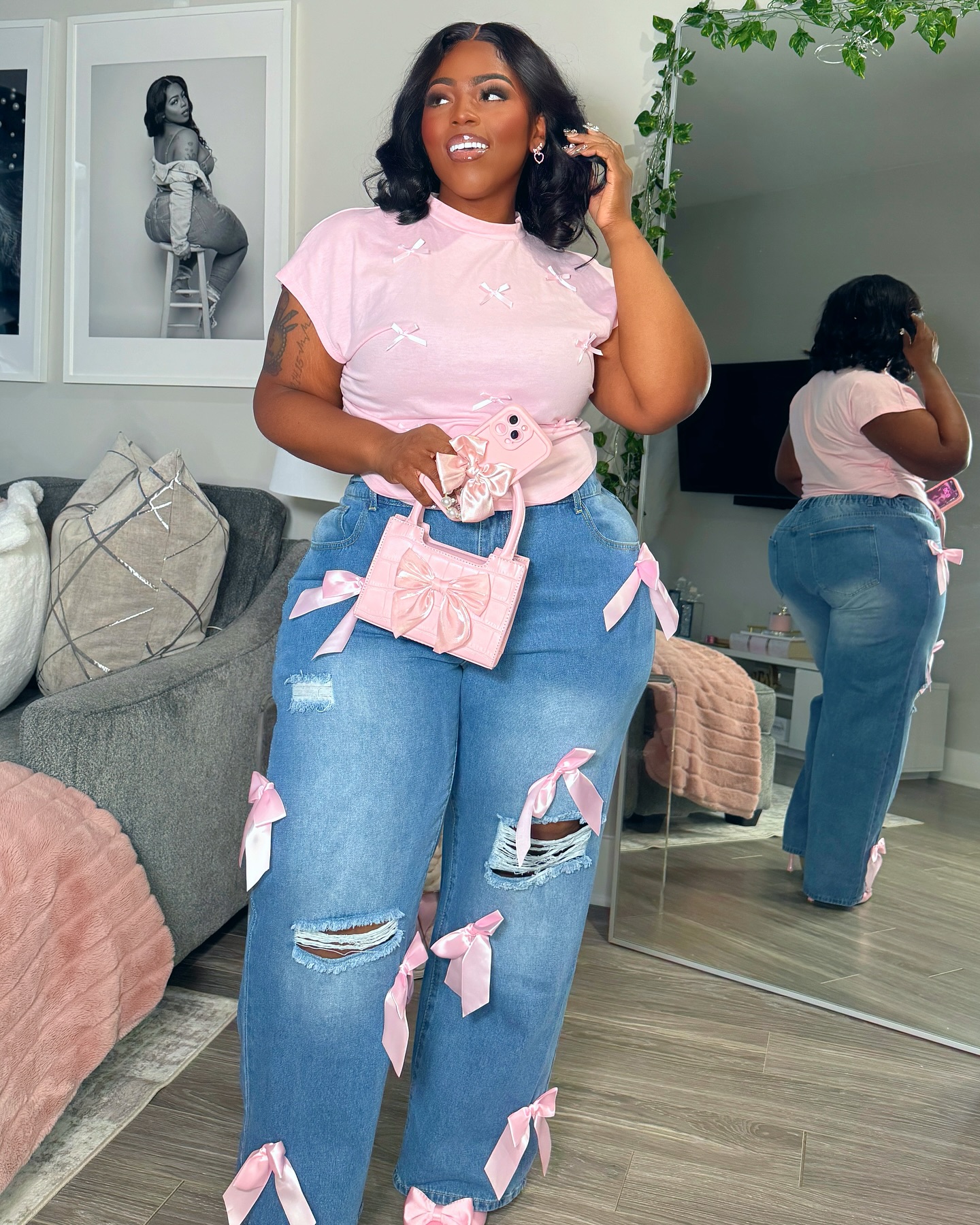 Pink Bow Tee with Ribbed Bow Jeans